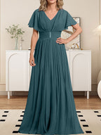 A-Linien-Chiffonkleid mit V-Ausschnitt, bodenlang, für die Mutter der Braut, mit Kristallbrosche und Falten 