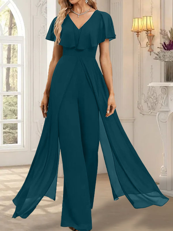 Vestido de noche de gasa con escote en V y largo hasta el suelo, tipo mono/pantalón