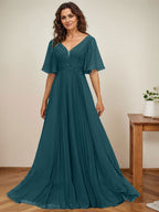 A-Linien-Kleid aus Chiffon mit V-Ausschnitt, bodenlang, mit Paillettenapplikationen, Spitze und Falten für die Mutter der Braut 