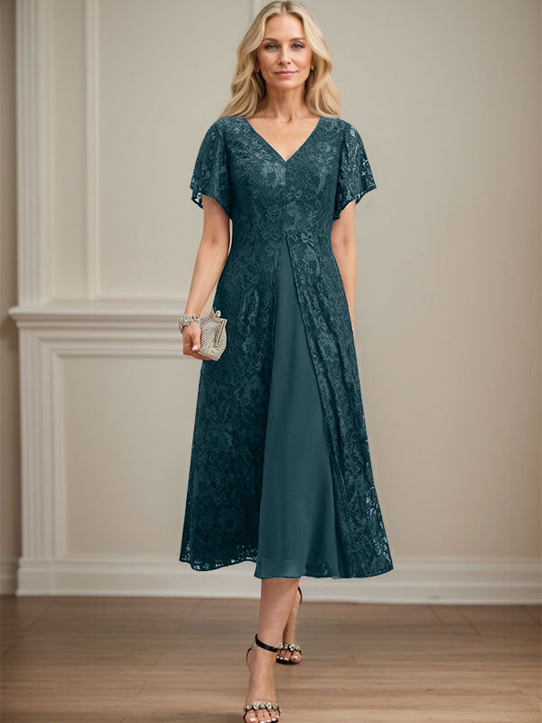 A-Linien-Kleid aus Chiffon mit V-Ausschnitt und Teelänge für die Mutter der Braut 