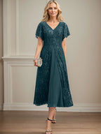 A-Linien-Kleid aus Chiffon mit V-Ausschnitt und Teelänge für die Mutter der Braut 