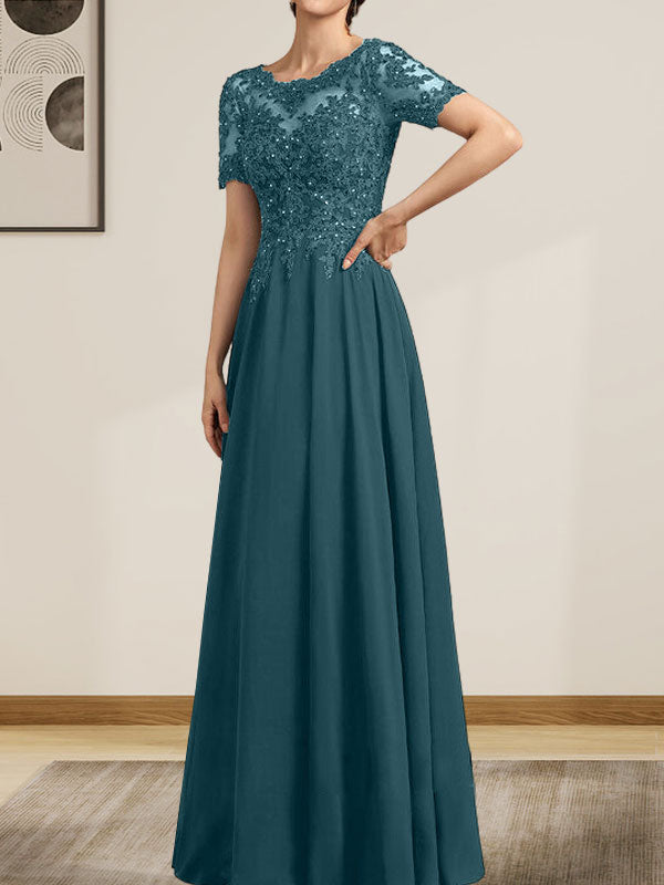 Vestido de gasa con encaje y lentejuelas para madre de la novia, largo hasta el suelo, con escote en A y ilusión