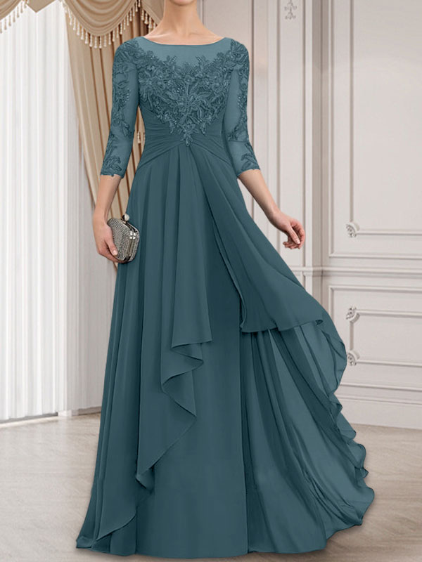 A-Linien-Kleid mit U-Boot-Ausschnitt, Illusion-Effekt, bodenlang, aus Chiffon und Spitze, mit Kaskadenrüschen – perfekt für die Mutter der Braut