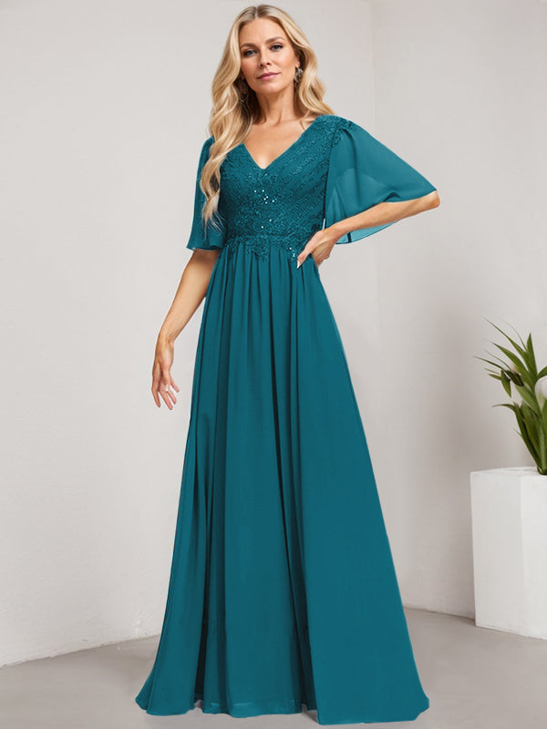 Vestido de gasa con encaje y lentejuelas para madre de la novia, corte A, escote en V y largo hasta el suelo 