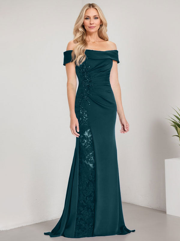 Vestido de sirena con escote en A, hombros descubiertos y largo hasta el suelo para madre de la novia, apliques y cuentas, con abertura alta 