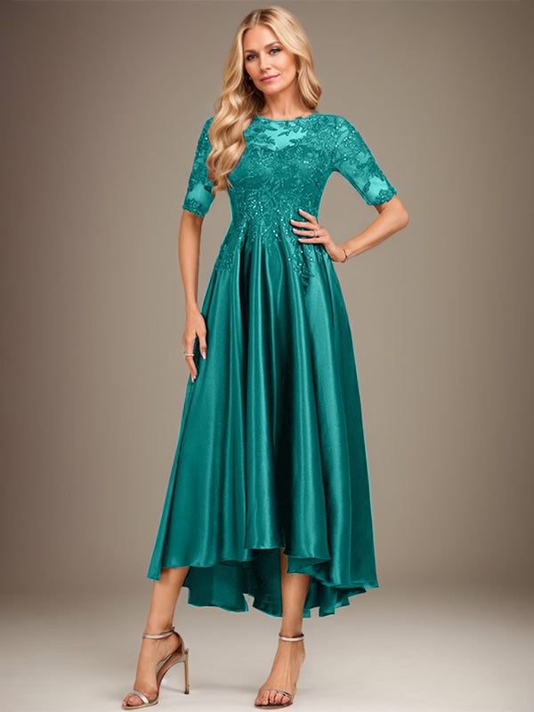 Vestido de madre de la novia de encaje satinado elástico asimétrico con ilusión de escote en A y lentejuelas 