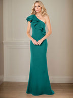 Vestido de gasa para madre de la novia, corte A, un hombro, largo hasta el suelo, con volantes 