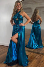Pfauenblaues, langes A-Linien-Abendkleid mit Neckholder und Schlitz