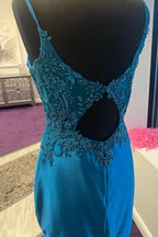 Vestido corto de corsé de pavo real para homecoming con apliques