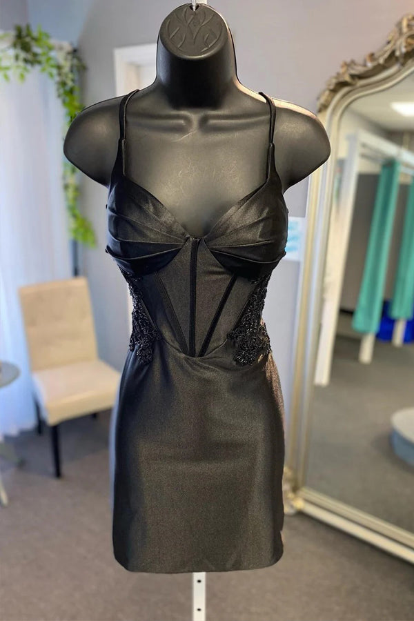 Vestido corto de corsé de pavo real para homecoming con apliques