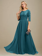 A-Linien-Kleid aus Chiffon mit Paillettenapplikationen und Rundhalsausschnitt, bodenlang, für die Mutter der Braut 