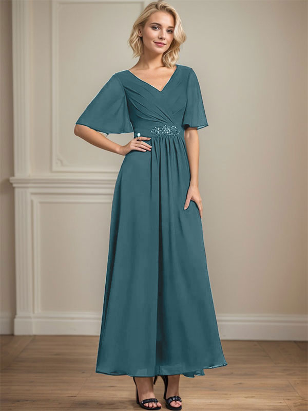 A-Linien-Chiffonkleid mit V-Ausschnitt, Knöchellänge, plissierten Pailletten und Perlenstickerei für die Mutter der Braut
