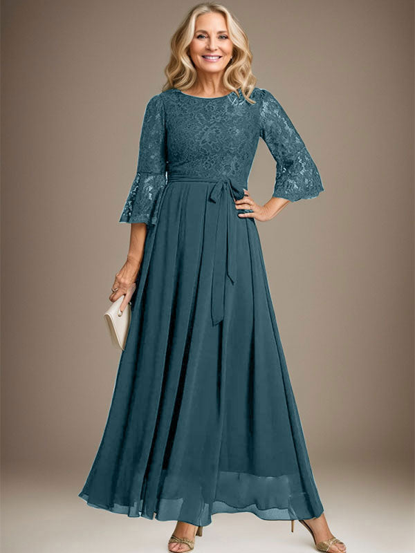A-Linien-Kleid aus Chiffon mit Rundhalsausschnitt und Schleife, knöchellang, für die Mutter der Braut