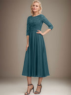 A-Linien-Kleid mit Rundhalsausschnitt, Teelänge, Spitze, Chiffon, Pailletten, für die Mutter der Braut