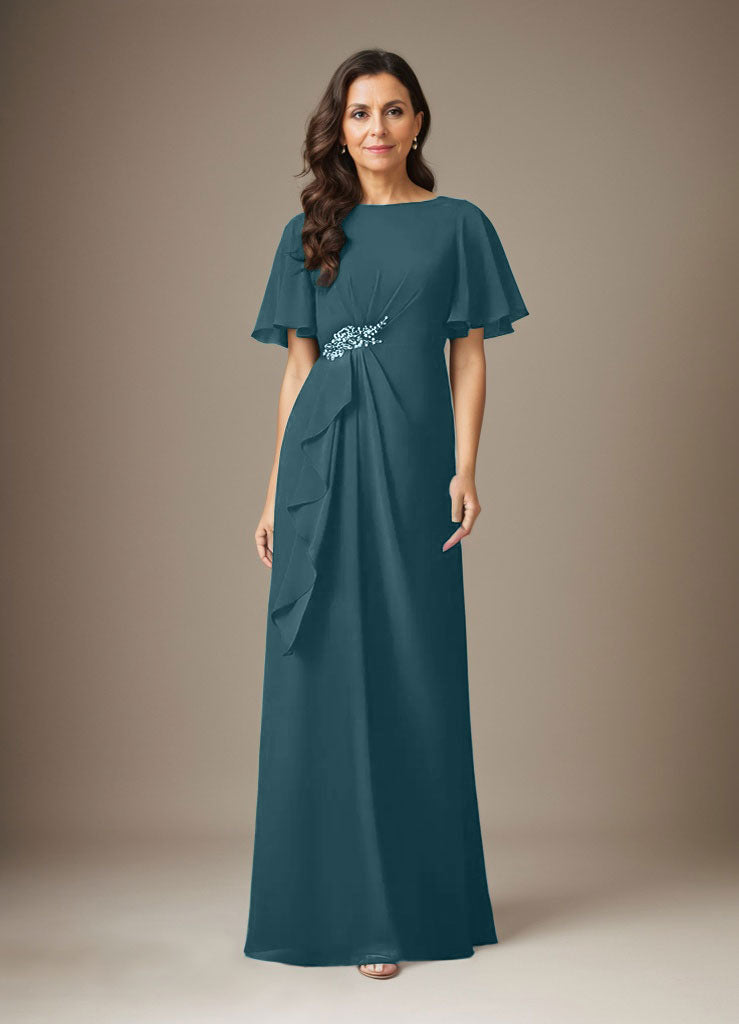 Dunkelblaues Etuikleid aus Chiffon mit Perlenbesatz