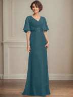 A-Linien-Kleid aus Chiffon mit V-Ausschnitt, bodenlang, für die Mutter der Braut, mit plissierten Paillettenapplikationen und Spitze