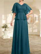 Vestido de gasa para madre de la novia, corte A, escote en V, largo hasta el suelo, con cuentas plisadas