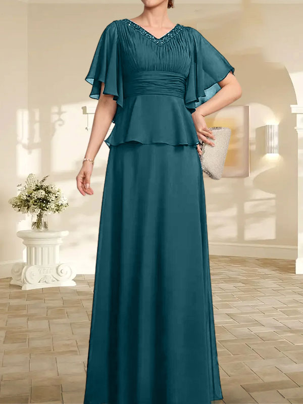 Vestido de gasa para madre de la novia, corte A, escote en V, largo hasta el suelo, con cuentas plisadas
