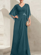Vestido de gasa para madre de la novia, con escote en V, largo hasta el suelo, con lentejuelas plisadas y abalorios.