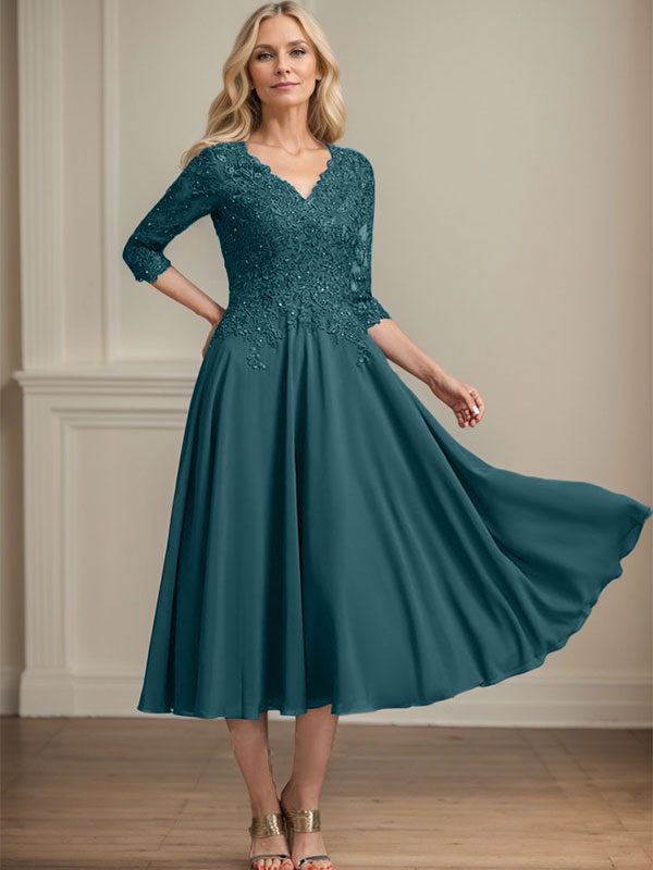 A-Linien-Kleid aus Chiffonspitze mit V-Ausschnitt, Teelänge, Perlen- und Paillettenstickerei für die Mutter der Braut 