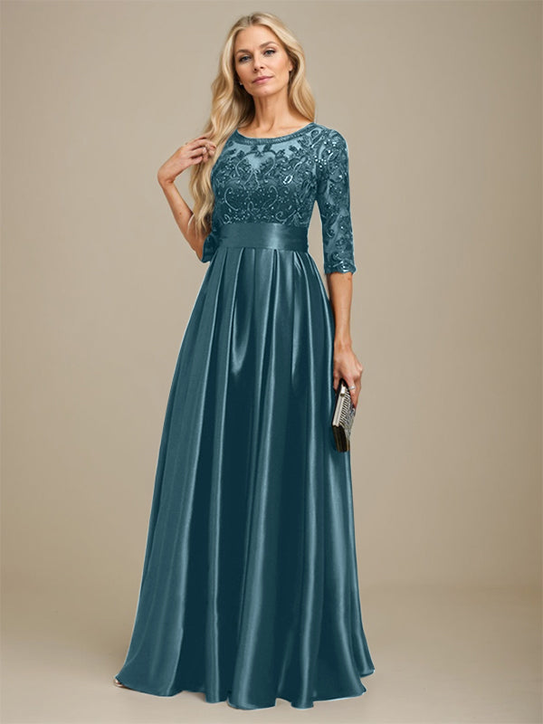 Vestido de madre de la novia de satén elástico con encaje, corte A, escote ilusión, largo hasta el suelo, con lazo y lentejuelas 