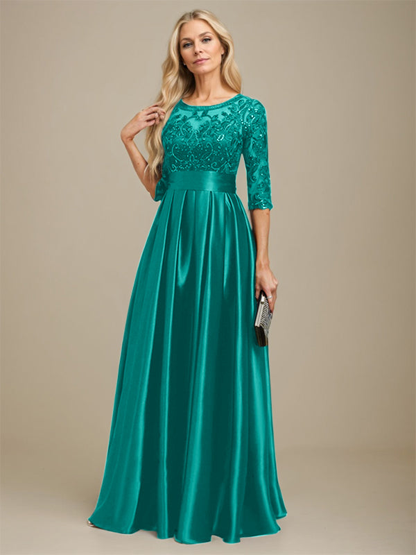 Vestido de madre de la novia de satén elástico con encaje, corte A, escote ilusión, largo hasta el suelo, con lazo y lentejuelas 