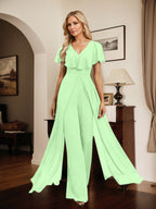 Jumpsuit/Hosenanzug, bodenlanges Chiffon-Abendkleid mit V-Ausschnitt