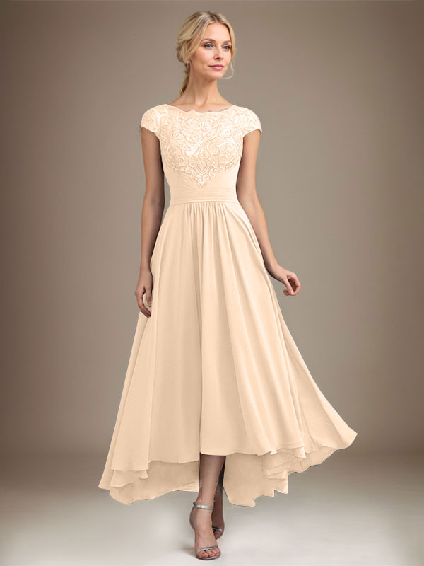 A-Linien-Kleid aus Chiffon mit asymmetrischem, plissiertem Spitzeneinsatz und Illusion-Ausschnitt für die Mutter der Braut 
