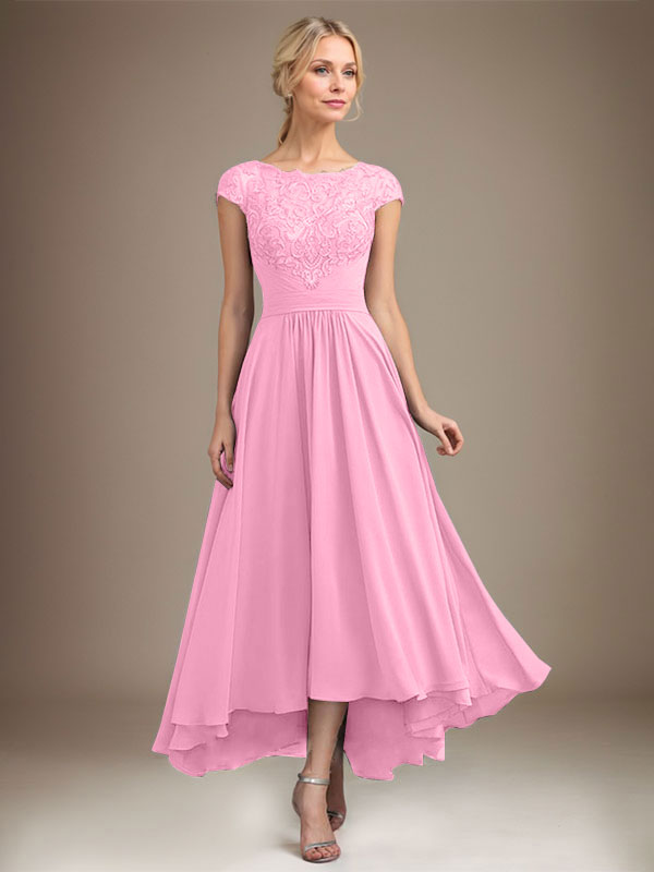 A-Linien-Kleid aus Chiffon mit asymmetrischem, plissiertem Spitzeneinsatz und Illusion-Ausschnitt für die Mutter der Braut 