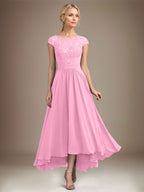 A-Linien-Kleid aus Chiffon mit asymmetrischem, plissiertem Spitzeneinsatz und Illusion-Ausschnitt für die Mutter der Braut 