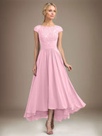 A-Linien-Kleid aus Chiffon mit asymmetrischem, plissiertem Spitzeneinsatz und Illusion-Ausschnitt für die Mutter der Braut 