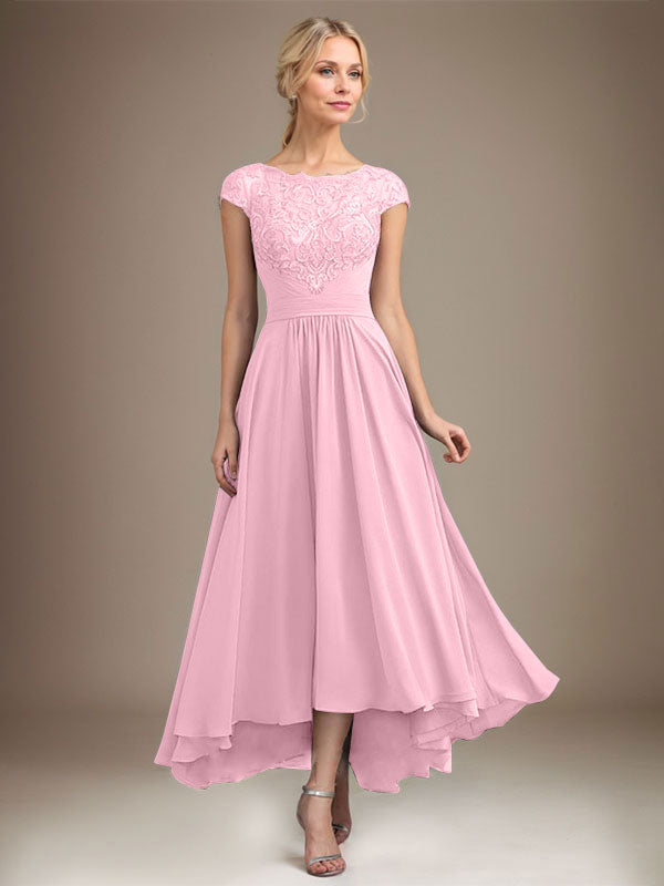 A-Linien-Kleid aus Chiffon mit asymmetrischem, plissiertem Spitzeneinsatz und Illusion-Ausschnitt für die Mutter der Braut 
