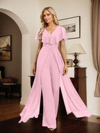 Jumpsuit/Hosenanzug, bodenlanges Chiffon-Abendkleid mit V-Ausschnitt