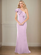Vestido de gasa para madre de la novia, corte A, un hombro, largo hasta el suelo, con volantes 