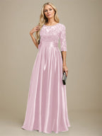 A-Linien-Kleid mit Illusion-Ausschnitt, bodenlang, aus Stretch-Satin und Spitze, verziert mit Schleife und Pailletten, für die Mutter der Braut 