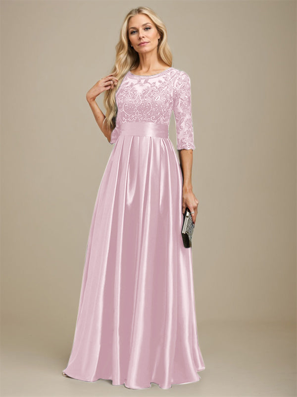 Vestido de madre de la novia de satén elástico con encaje, corte A, escote ilusión, largo hasta el suelo, con lazo y lentejuelas 