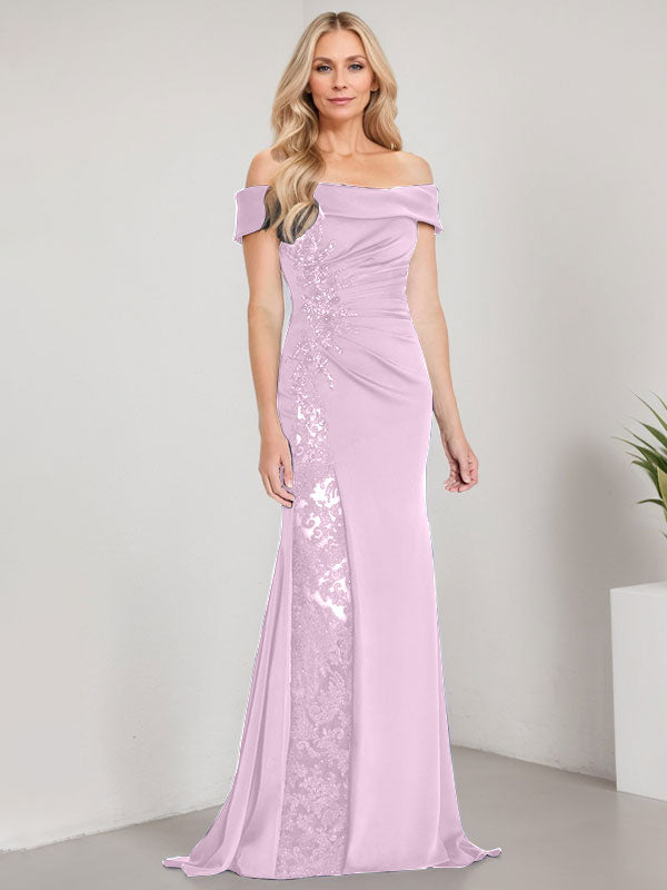 A-Linien-Kleid mit schulterfreiem bodenlangem Schnitt, Applikationen, Perlenstickerei, Meerjungfrauen-Stil und hohem Beinschlitz – perfekt für die Mutter der Braut. 