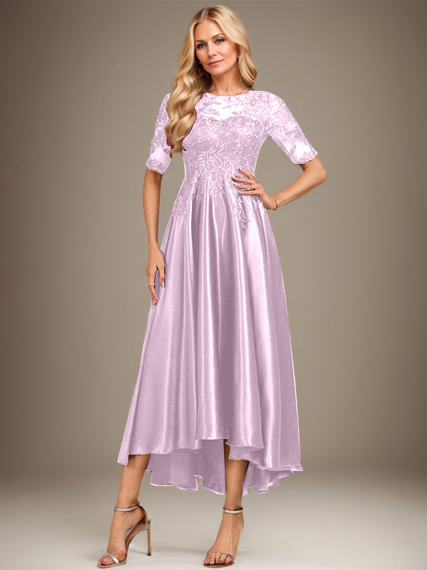 Vestido de madre de la novia de encaje satinado elástico asimétrico con ilusión de escote en A y lentejuelas 