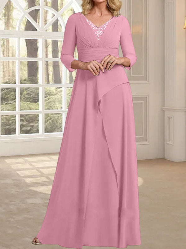 A-Linien-Kleid aus Chiffon mit V-Ausschnitt, bodenlang, für die Mutter der Braut, mit plissierter Perlenstickerei