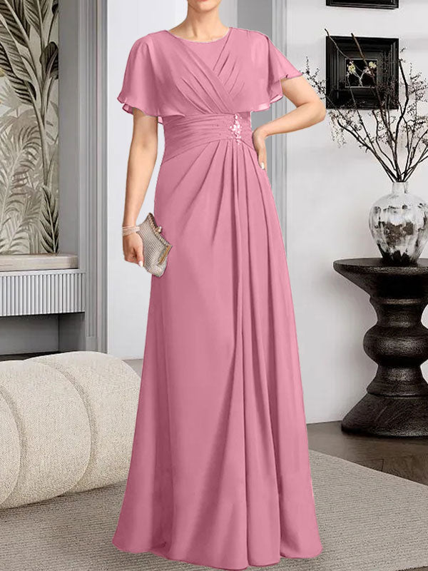 A-Linien-Kleid aus Chiffon mit Rundhalsausschnitt und bodenlanger Verarbeitung, verziert mit plissierten Perlen.