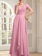 A-Linien-Kleid mit herzförmigem Herzausschnitt, bodenlang, aus Chiffon und Spitze, mit Perlenstickerei und Kaskadenrüschen – ideal für die Mutter der Braut
