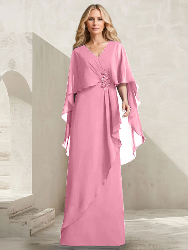 A-Linien-Kleid aus Chiffon mit V-Ausschnitt, bodenlang, mit Kaskadenrüschen und Perlenstickerei für die Mutter der Braut. 