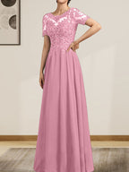 Vestido de gasa con encaje y lentejuelas para madre de la novia, largo hasta el suelo, con escote en A y ilusión
