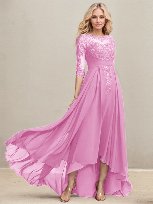 A-Linien-Kleid mit asymmetrischem Ausschnitt, Illusion-Effekt, Spitze und Chiffon, verziert mit plissierten Pailletten, ideal für die Mutter der Braut 