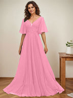 A-Linien-Kleid aus Chiffon mit V-Ausschnitt, bodenlang, mit Paillettenapplikationen, Spitze und Falten für die Mutter der Braut 