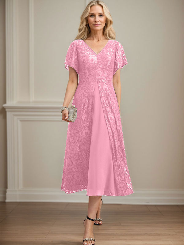 A-Linien-Kleid aus Chiffon mit V-Ausschnitt und Teelänge für die Mutter der Braut 