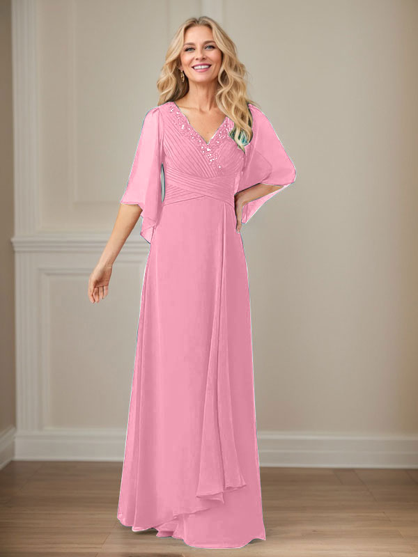Vestido largo de gasa con lentejuelas y escote en V en forma de A para madre