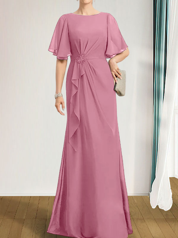 A-Linien-Kleid aus Chiffon in Bodenlänge für die Mutter der Braut mit kaskadenartigen Rüschen, Perlen und Pailletten