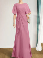 A-Linien-Kleid aus Chiffon in Bodenlänge für die Mutter der Braut mit kaskadenartigen Rüschen, Perlen und Pailletten