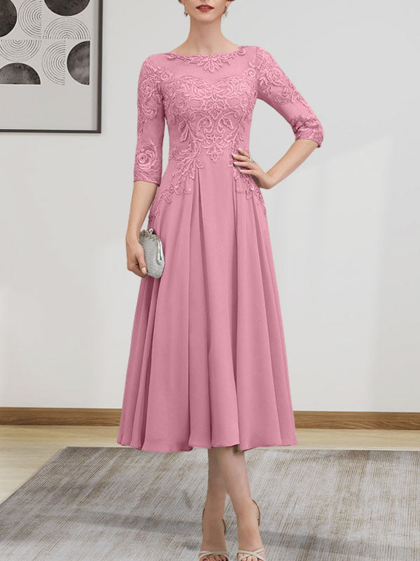 A-Linien-Kleid mit U-Boot-Ausschnitt, Illusion-Detail, Teelänge, Chiffonspitze, Perlenstickerei und Pailletten für die Mutter der Braut